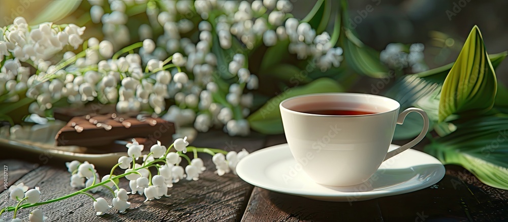 Poster A white teacup sits on a saucer in the middle with lilies of the valley and chocolate in the background as a copy space image