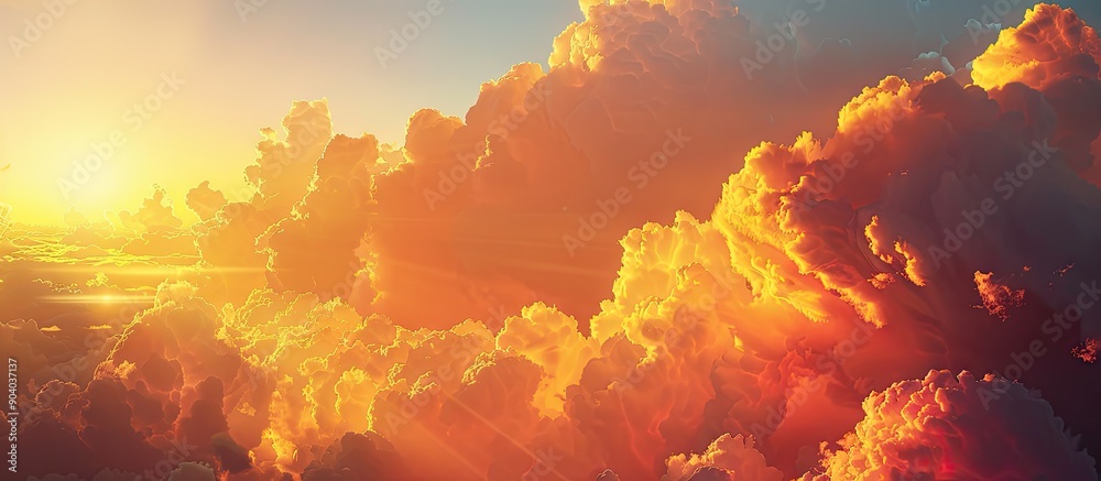 Poster golden sunlight illuminates red orange and yellow clouds against a dark blue sky at twilight creatin