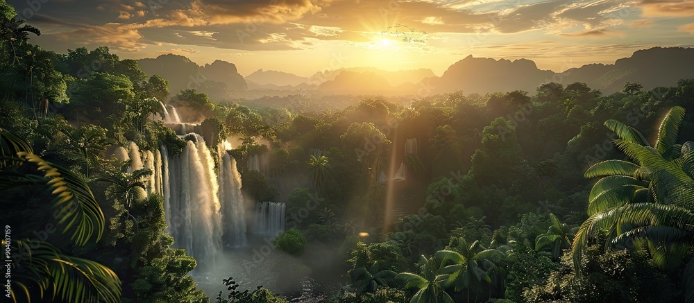 Poster majestic waterfalls embraced by lush rainforest at sunrise with distant mountains in view perfect fo