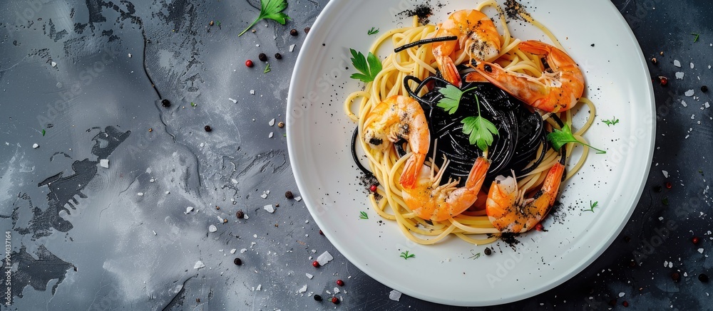 Poster Shrimp with black ink sauce served over spaghetti creating a visually appealing dish with a copy space image