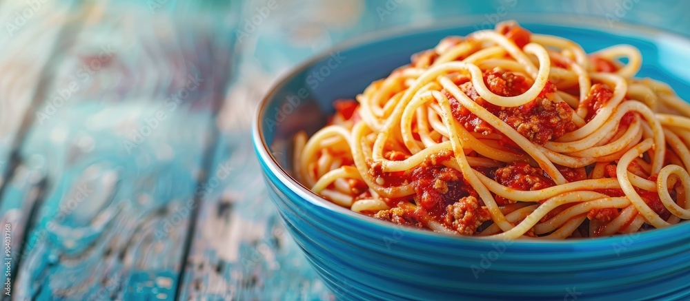 Poster a close up photo of spaghetti with meat sauce in a blue bowl with copy space image included