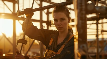 Female construction worker tightens a metal rod with a wrench at a construction site during sunset