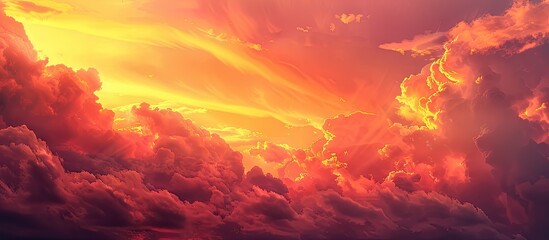 A scenic sunset sky with colorful hues of orange yellow pink and red sunlight casting a warm glow over dramatic storm clouds creating a captivating landscape horizon in a golden summer background wit