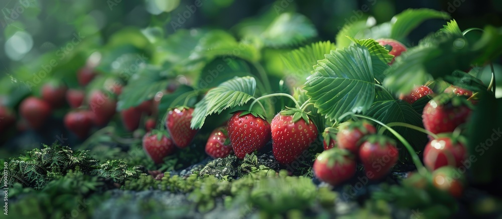 Poster close up image of strawberries growing in a garden with copy space image