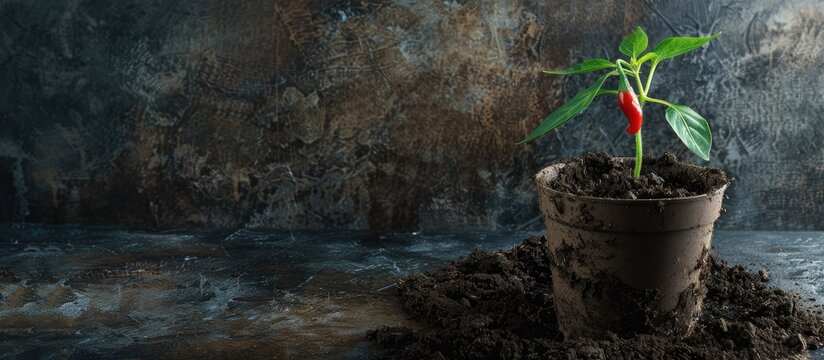 Planting a chilli seedling in a pot with ample copy space image available for creative content