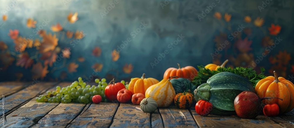 Aufkleber harvest season delights displayed on a wooden surface with copy space for an image