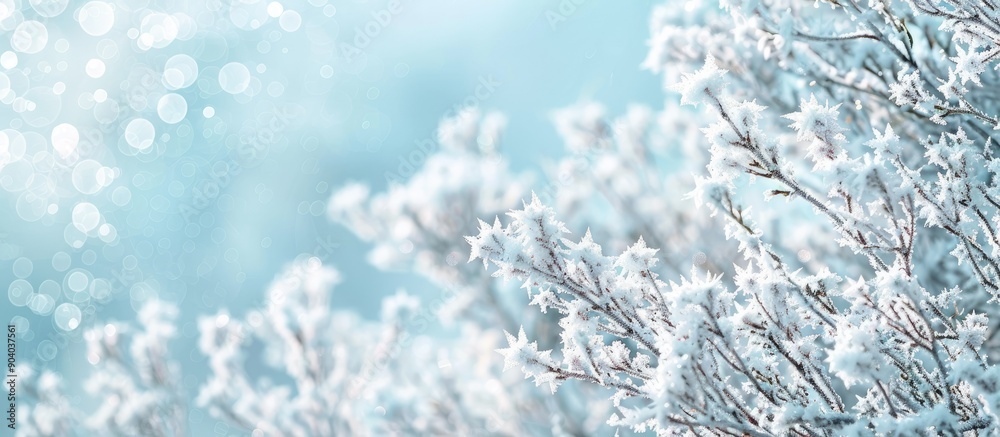 Poster wintry background featuring frost covered tree branches in a beautiful copy space image