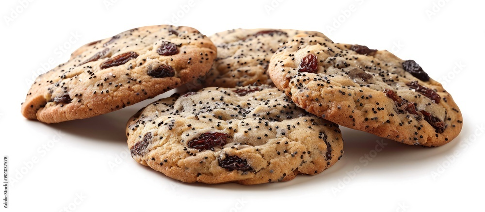 Poster delicious cookies with raisins and poppy seeds on a white background perfect for any design needing 