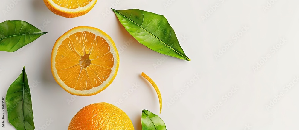 Poster Isolated orange fruit with leaves and half on a white background with a full depth of field and clipping path for the copy space image