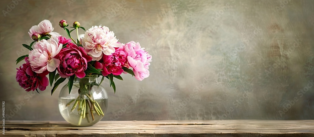 Poster a beautiful bouquet of peonies displayed in a clear glass vase on a rustic wooden table with copy sp