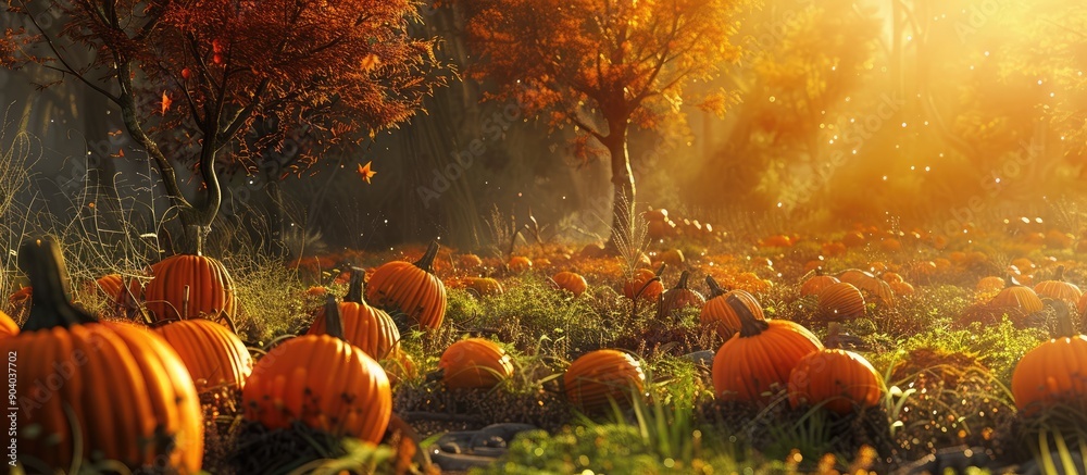 Poster autumn themed pumpkin patch scene with copy space image