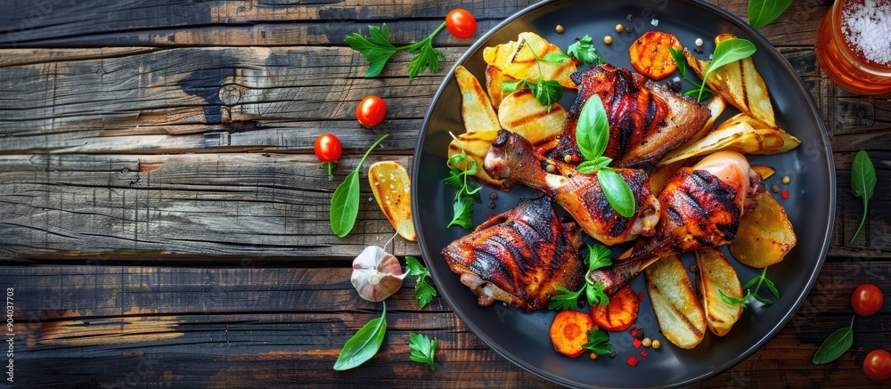 Poster A plate featuring grilled chicken legs served with vegetables and chips over a rustic wooden table with empty space for further items creating a wonderful copy space image