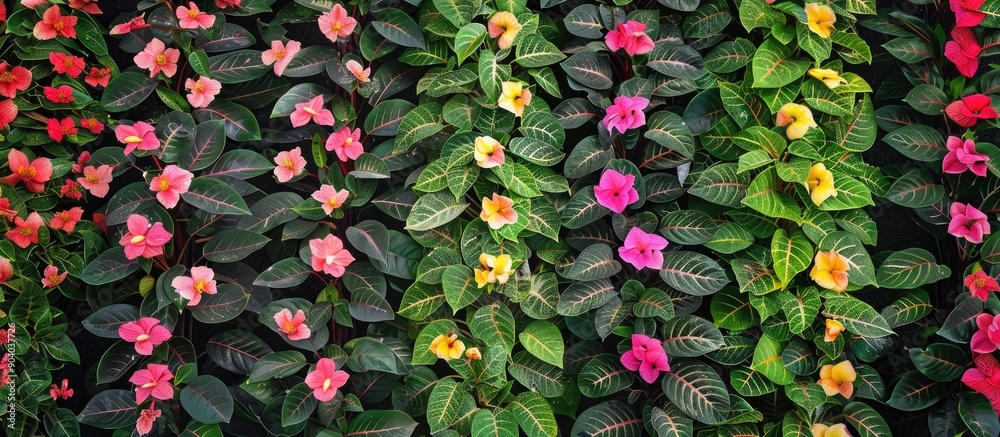 Aufkleber Calandiva plants displayed in rows with pink green and yellow blooms on a plain background for a visually appealing copy space image