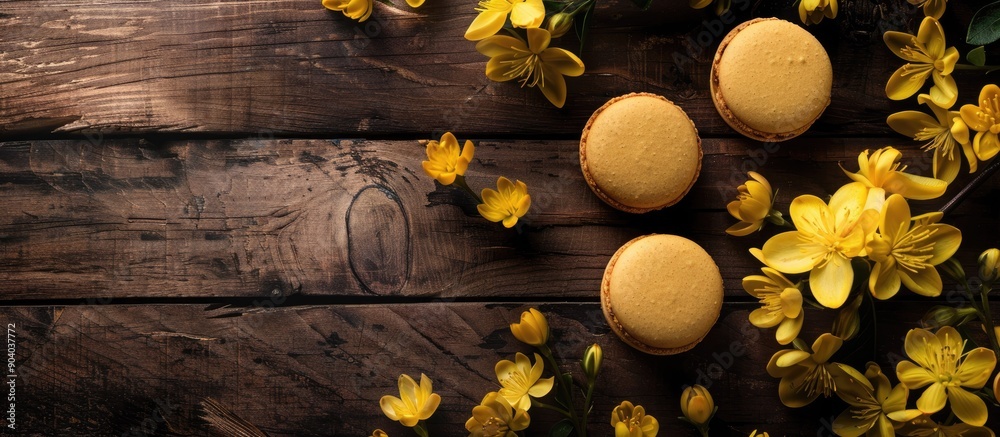 Poster yellow flowers and macaroons on a wooden backdrop create a charming scene with copy space image