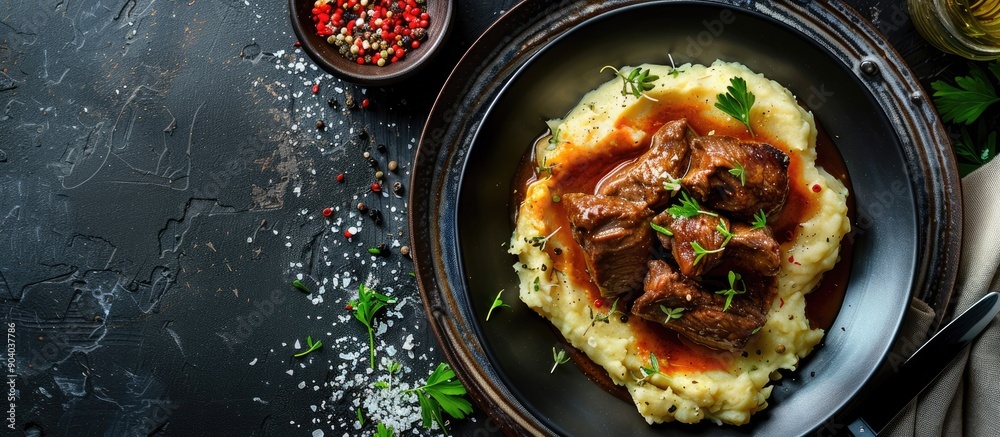 Poster delicious beef tongue served with creamy mashed potatoes in the dish ideal for any food photography 