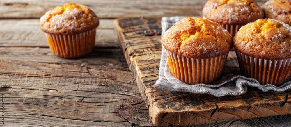 Poster pumpkin muffins presented on a rustic wooden table with a blank copy space image