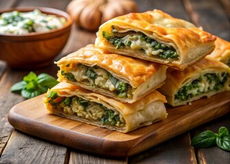 Crunchy flaky pastry layers wrapped around savory fillings of cheese, spinach, and minced meat, perfectly baked to golden brown perfection in a borek dish.