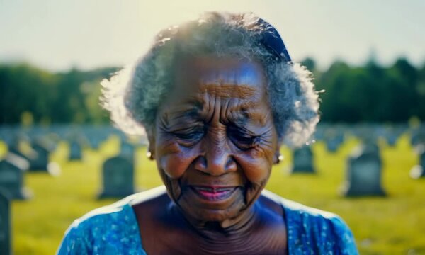 An elderly black woman in a cemetery is crying and looking at the camera. The sun is shining brightly