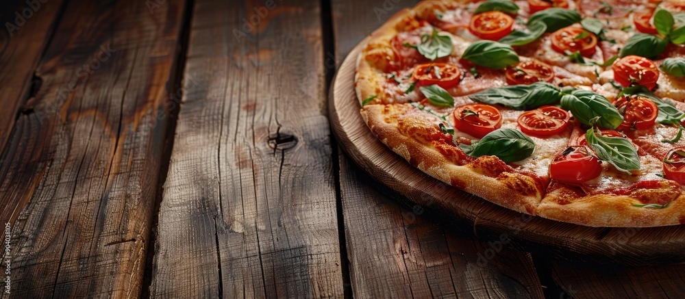 Poster Margherita pizza with tasty toppings displayed on a rustic wooden table with ample copy space image