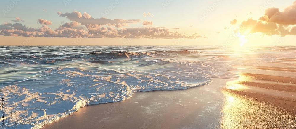 Poster A captivating beach scene at sunset with golden sand and the sea perfect for adding text or image in a blank area. . image with copy space