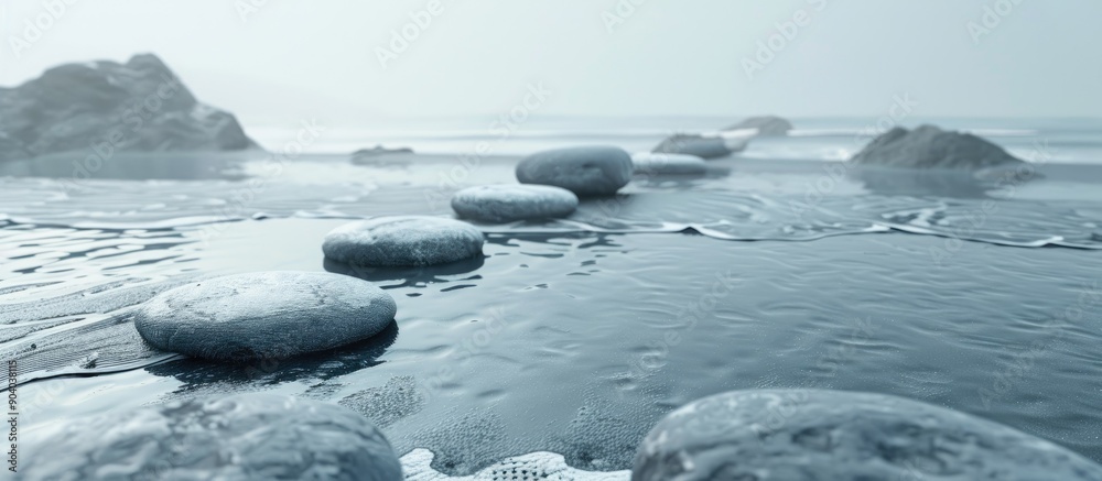 Poster rocks aligned peacefully by the seashore with a vast copy space image