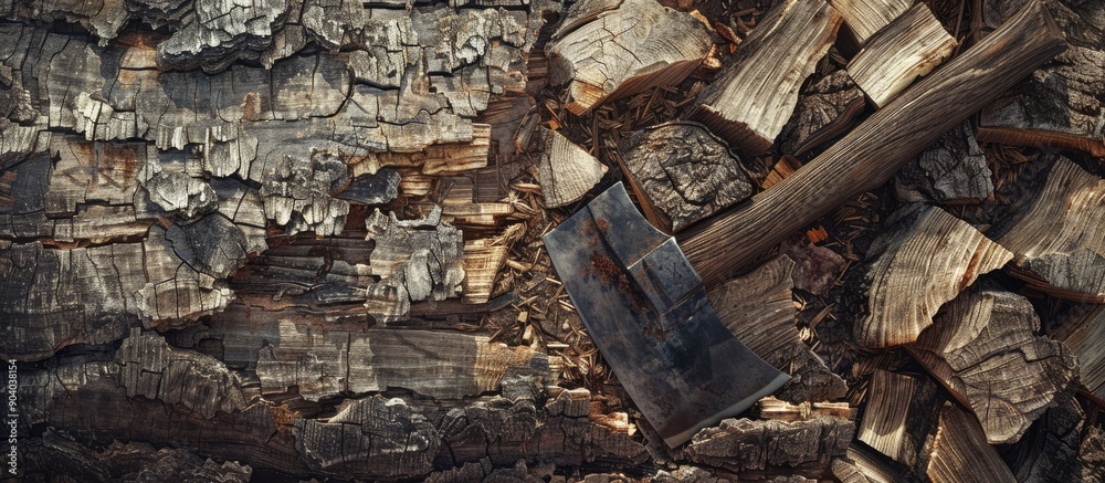 Leinwandbilder An axe embedded in a log with neatly chopped wood around it creating a rustic scene with a prominent copy space image