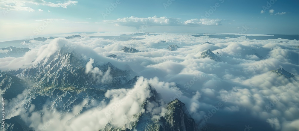 Poster A scenic aerial perspective overlooking clouds from a towering peak with copy space image
