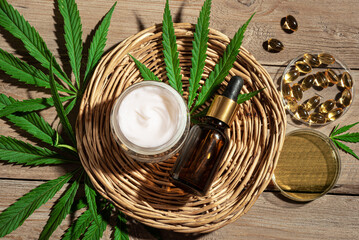 Hemp cannabis leaves and cbd oil products