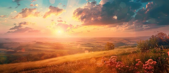 Sunset over rural landscape with beautiful colors and a vast copy space image