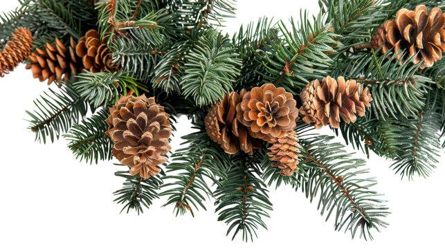 Christmas tree branches border garland on transparent background