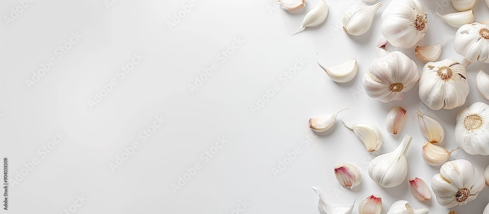 Poster garlic arranged on a white backdrop with copy space image