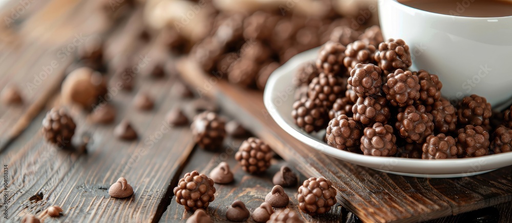 Aufkleber Close up of chocolate cereal balls scattered on a board with a white teacup creating an aesthetic arrangement with copy space image