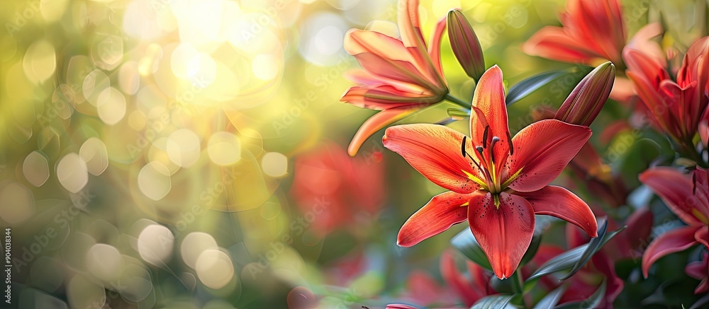 Poster red lilium dauricum blooming in a vibrant summer garden setting with ample copy space image
