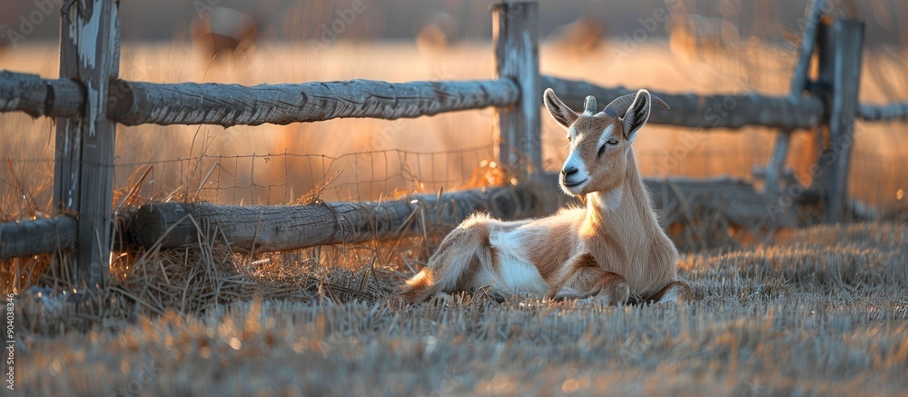 Poster A goat resting near a wooden fence at the farm creating a picturesque scene with ample copy space image