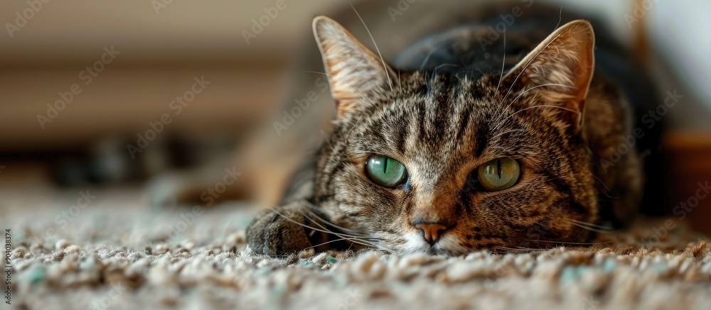 Poster Close up of a brown tabby cat with green eyes resting on the carpet with copy space image included