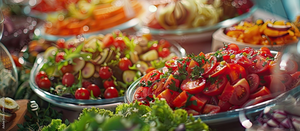 Poster A colorful array of fresh vegetables as a side dish option at a banquet captured in a close up copy space image