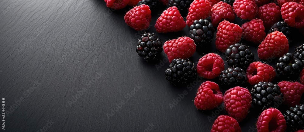 Fototapete Red and black raspberries displayed on a black backdrop with a clear area for text or design a copy space image