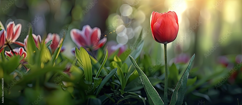 Poster tulip flower in a garden with a beautiful copy space image