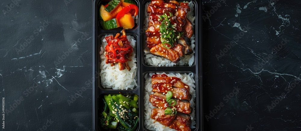 Poster a bento box with spare ribs and green veggies is available for purchase on the train depicted in the