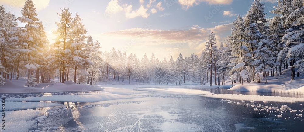 Poster a forest surrounds a frozen lake covered in snow and ice under the sunny winter sky providing a sere