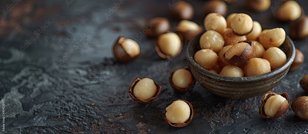 Poster Vegetarian friendly roasted macadamia nuts in shells displayed on a dark textured concrete surface providing a compelling setting for a copy space image