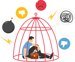 Woman locked in cage. Unhappy female character sitting on floor and hugging knees. Female empowerment movement. Vector illustration in cartoon style.


