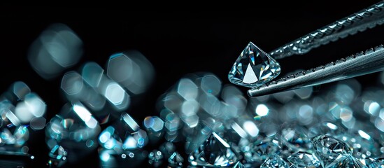 Tweezers authenticate a sparkling diamond pile against a black background in a close up copy space image