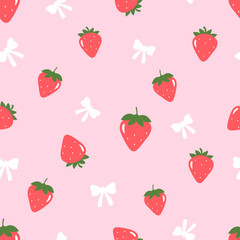 Seamless pattern of strawberry with green leaves and ribbon bow on pink background vector.