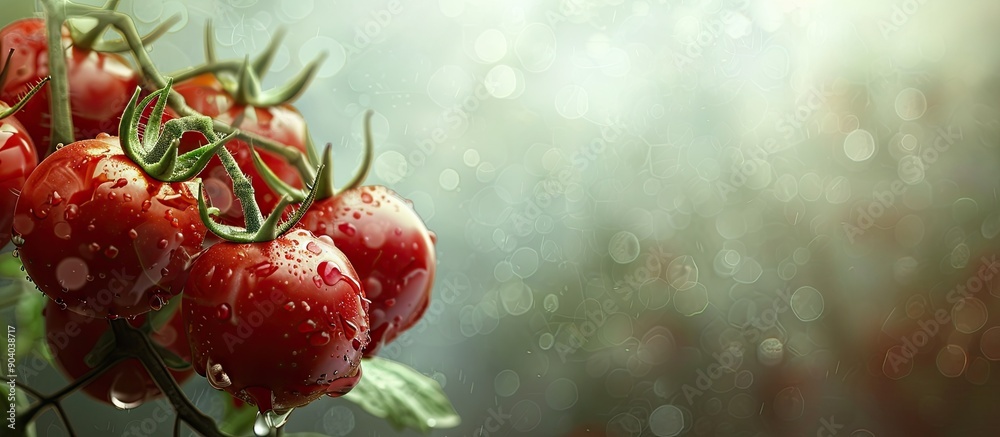 Poster detailed close up image of fresh tomatoes hanging on a plant with copy space image