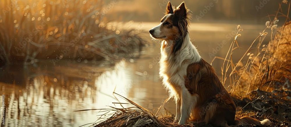 Poster A border collie sitting on the grass with a focused gaze on something in the distance in a serene setting with copy space image available