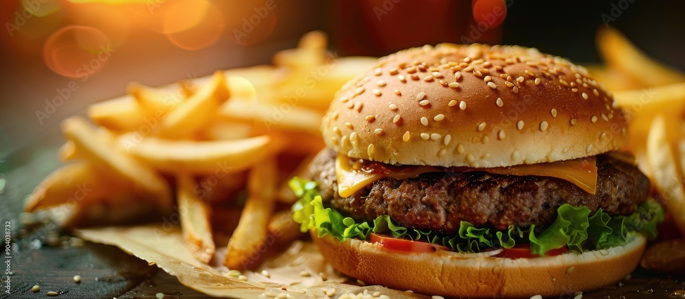 Poster Delicious dark wheat burger with lettuce served with French fries in a fast food setting creating an appetizing copy space image
