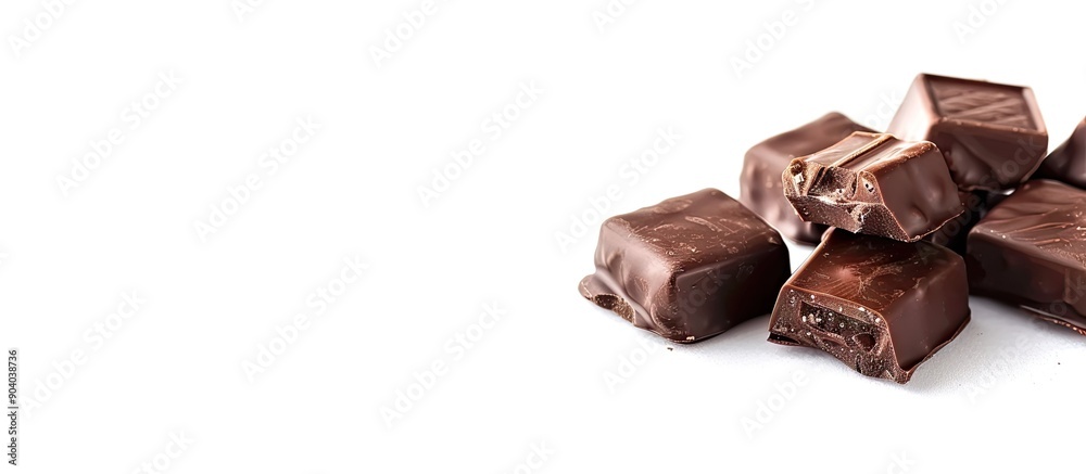 Poster seven pieces of chocolate on a white background professionally photographed with edited copy space i