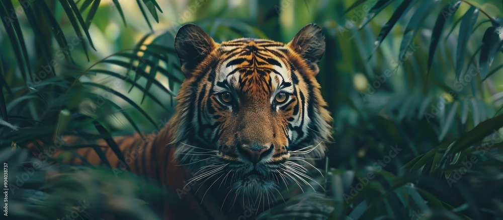 Poster solitary tiger in a jungle setting with a dramatic copy space image