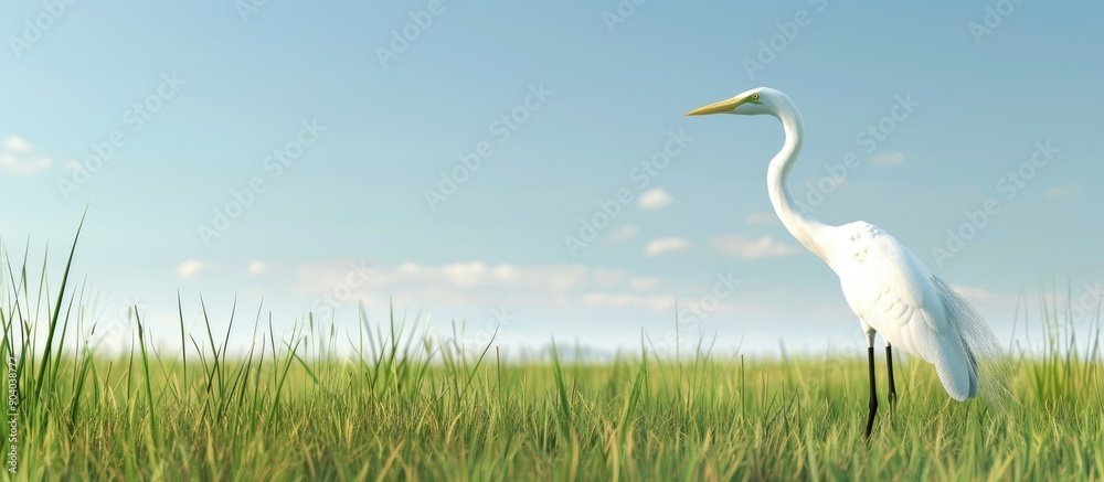Aufkleber White egret a large wading bird strolling through a grassy field with an expanse of empty space for text or other elements in the image. . image with copy space